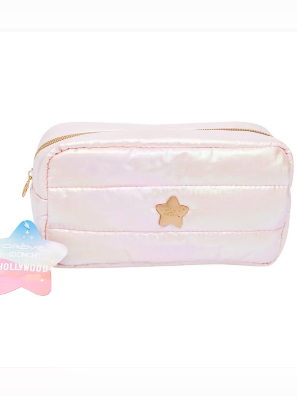 The Crème Shop Iridescent Pink Star Cosmetic Pouch with Gold Trim